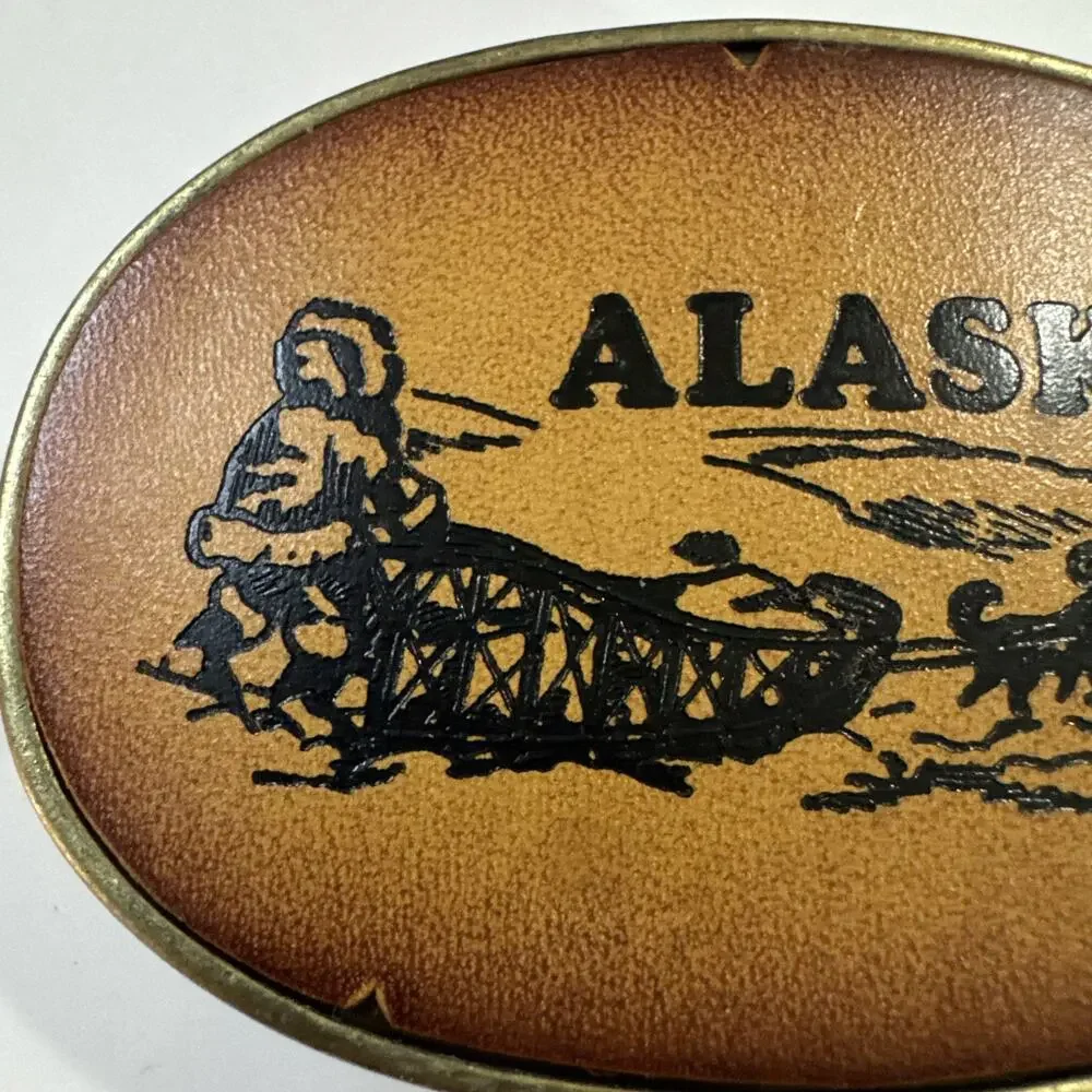 Vintage Alaska Leather Belt Buckle: Sled Dogs Mushing Made in USA